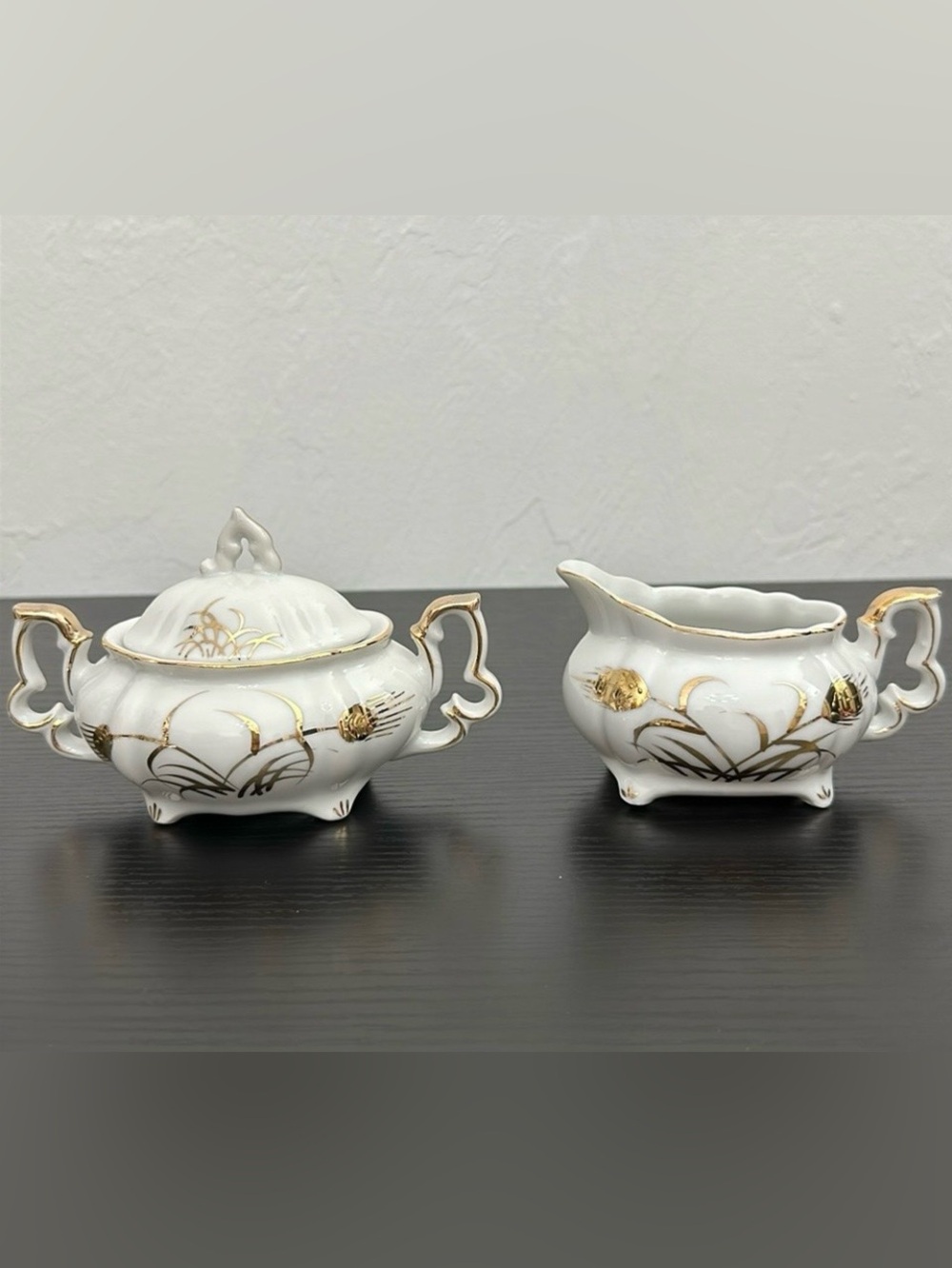 Lefton China Wheat #20120 Demitasse (mini) Cream & Lidded Sugar Bowl Gold Accent